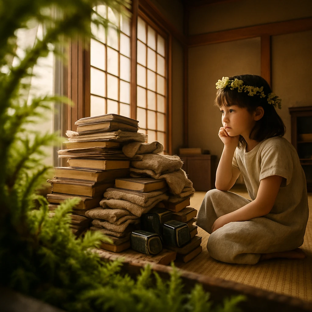 鉢植えの苔越しに、和室の隅に積み上がった本やタオルなどの雑多な山と、それを見つめる花冠をかぶった少女が写っている。