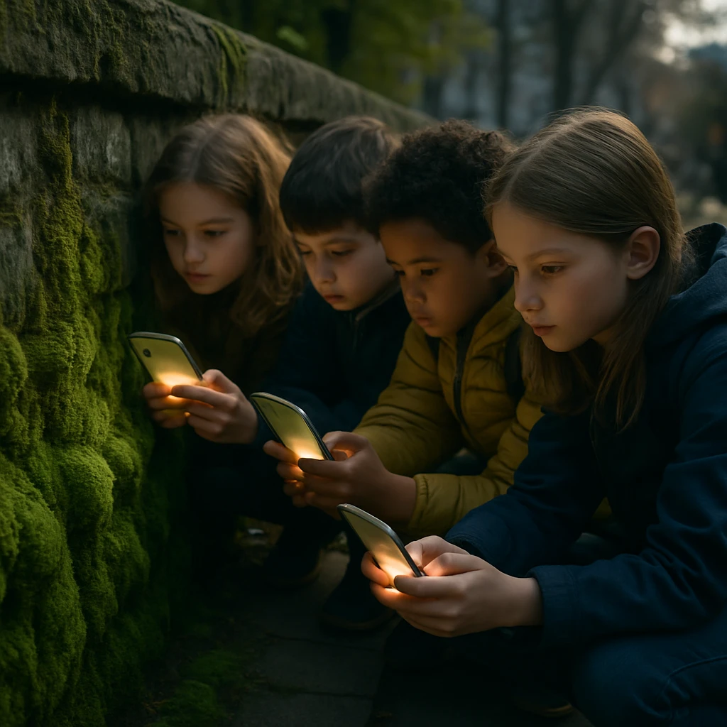 都会の石垣に密集する緑色の苔を、数人の子どもたちがスマートフォンで熱心に撮影している様子。