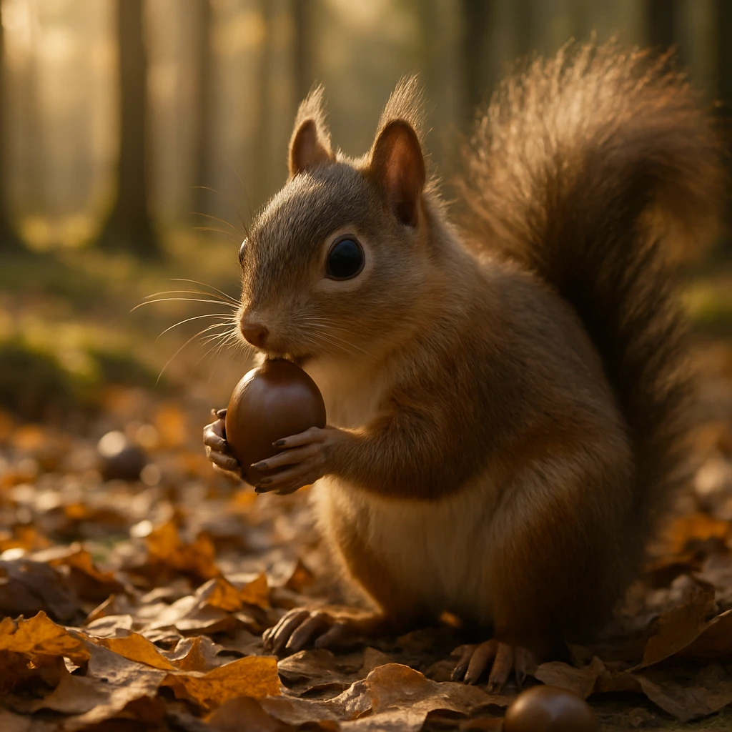 秋の森の中でドングリを持つリスが落ち葉の絨毯の上で立ち止まっている写真。