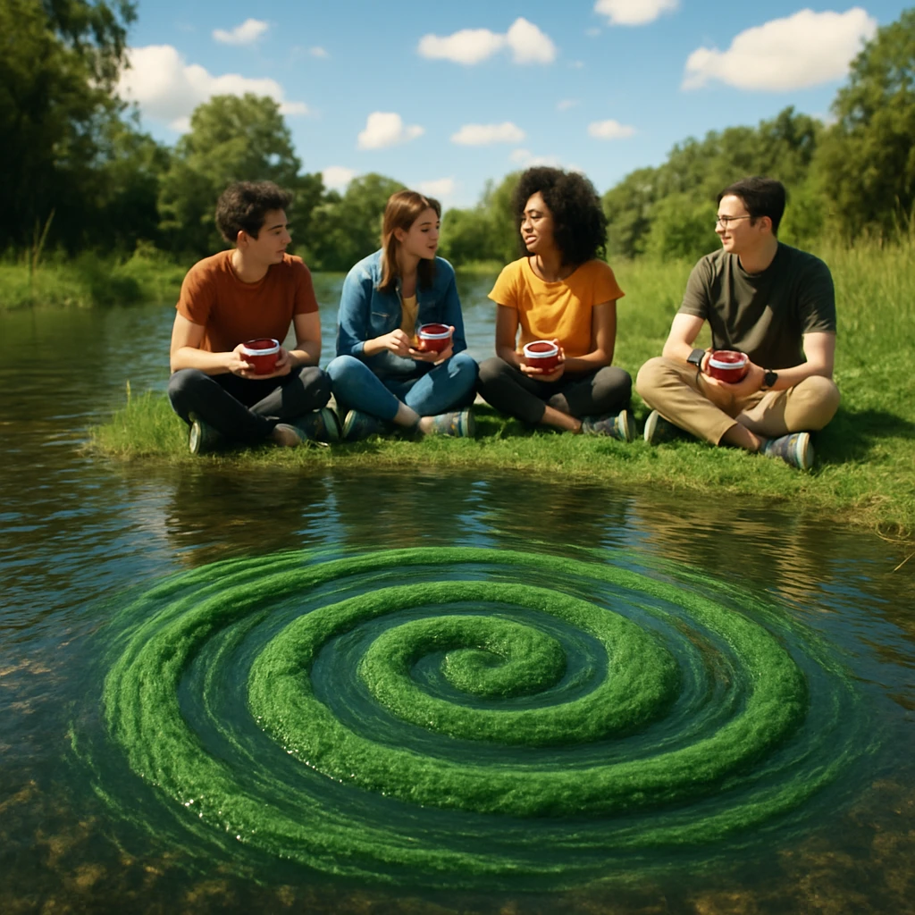 青空の下、池の水面に渦巻く緑色のスピルリナ藻と、岸でカラフルなスムージーボウルを手に談笑する若者たちが写っている。