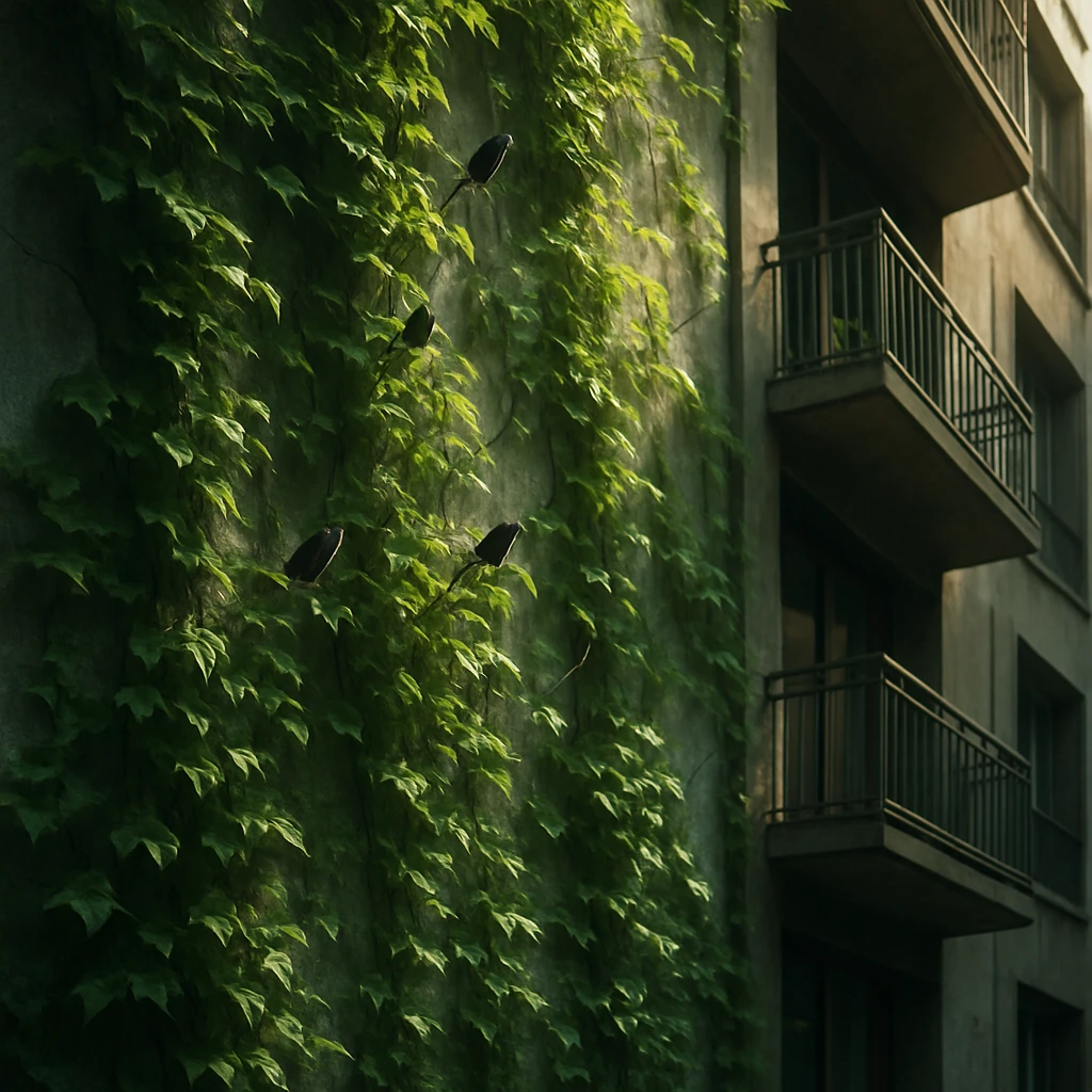 都市の団地外壁に密集して伸びる緑のツタと、その中にとまる鳥の様子。