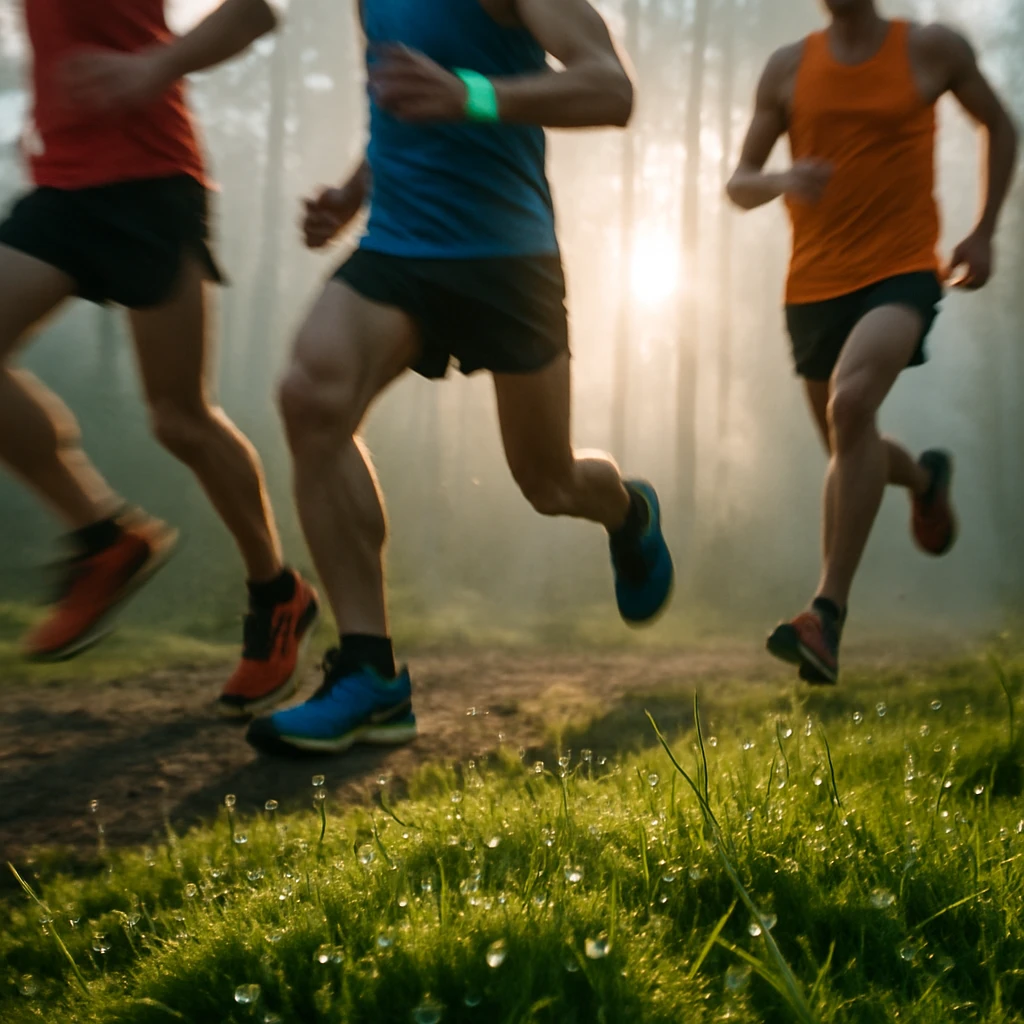 朝露に濡れた鮮やかな苔のすぐ上をカラフルなランナーたちの足が駆け抜ける瞬間を地面から捉えた写真。