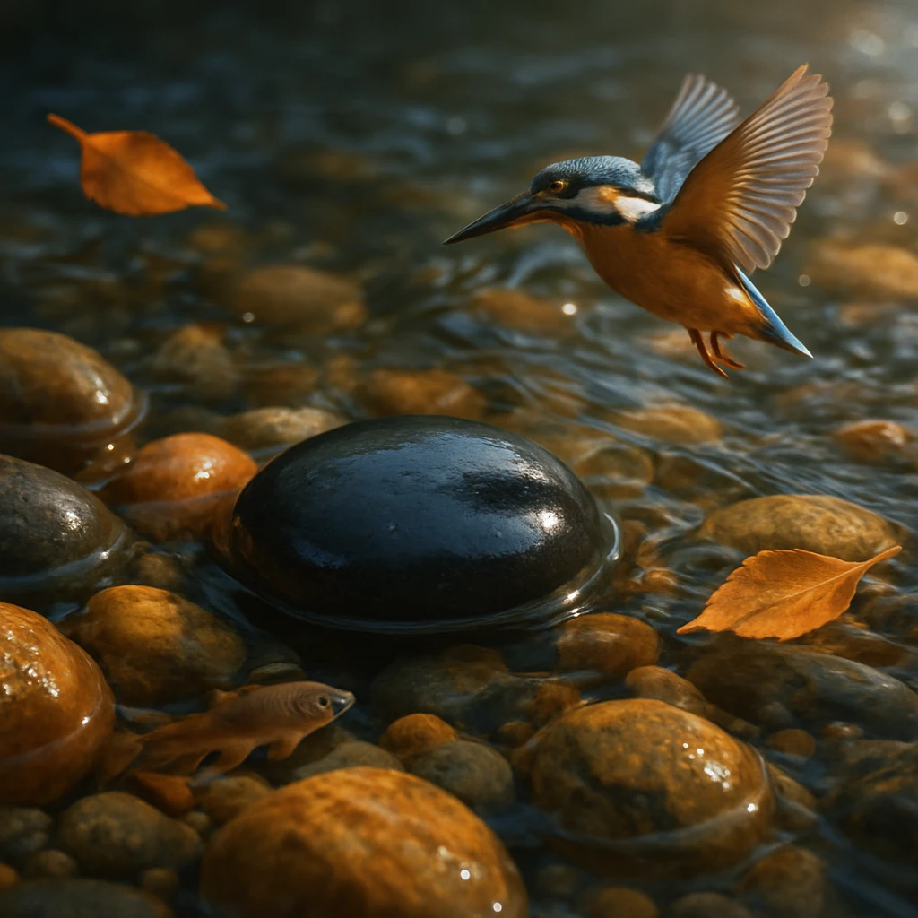 川の浅瀬で黒いつるつるとした石がほかの石や小魚、カワセミと一緒に水中にある様子。