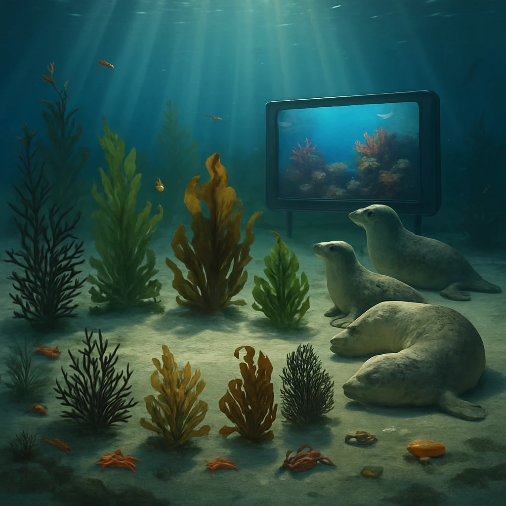 海底の砂地で集まった多種多様な海藻とアザラシが会議を開いている写真風イメージ。