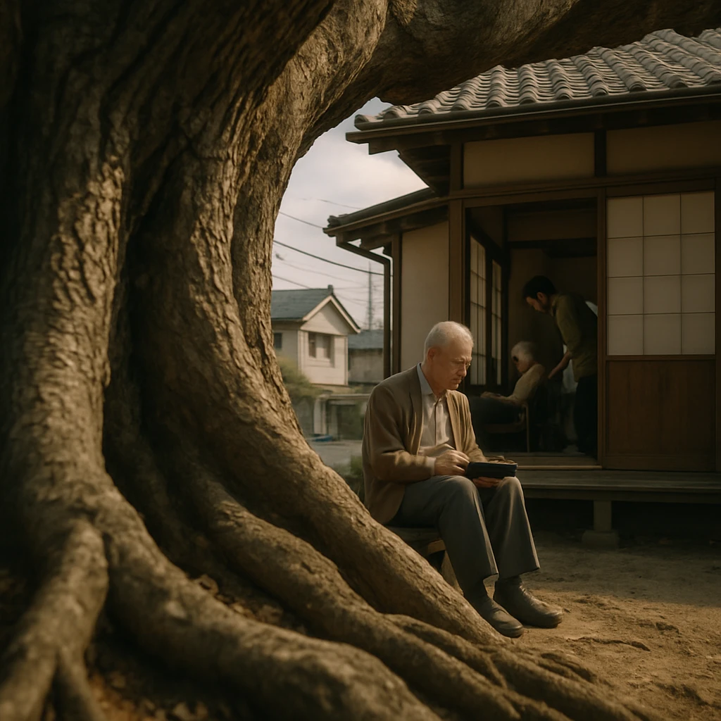大きなケヤキの根元越しに、縁側でお弁当を広げる高齢者と、家の中で介護する若者の姿が見える静かな住宅街の風景。