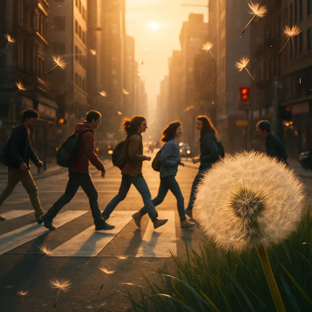 都会の交差点で若者たちが集い、その周囲を綿毛が風に舞う様子のリアルな写真風イメージ。