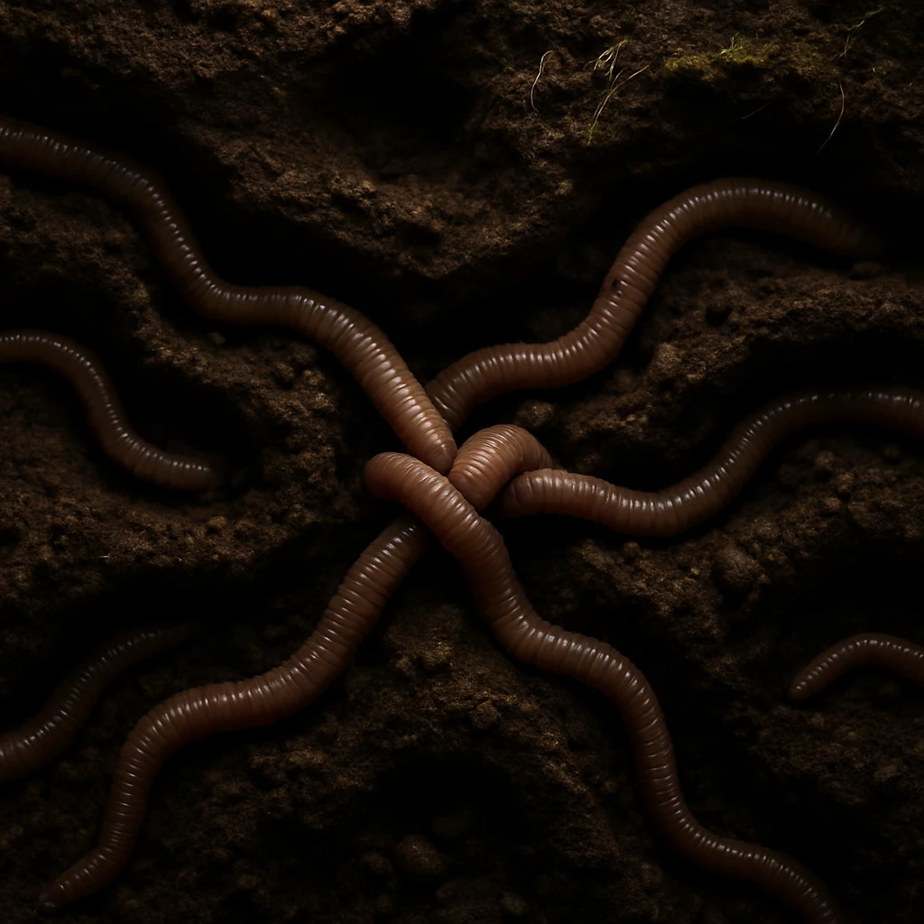 地中30センチでミミズたちが湿った土の中でネットワーク状に集まっている様子のリアルな写真。