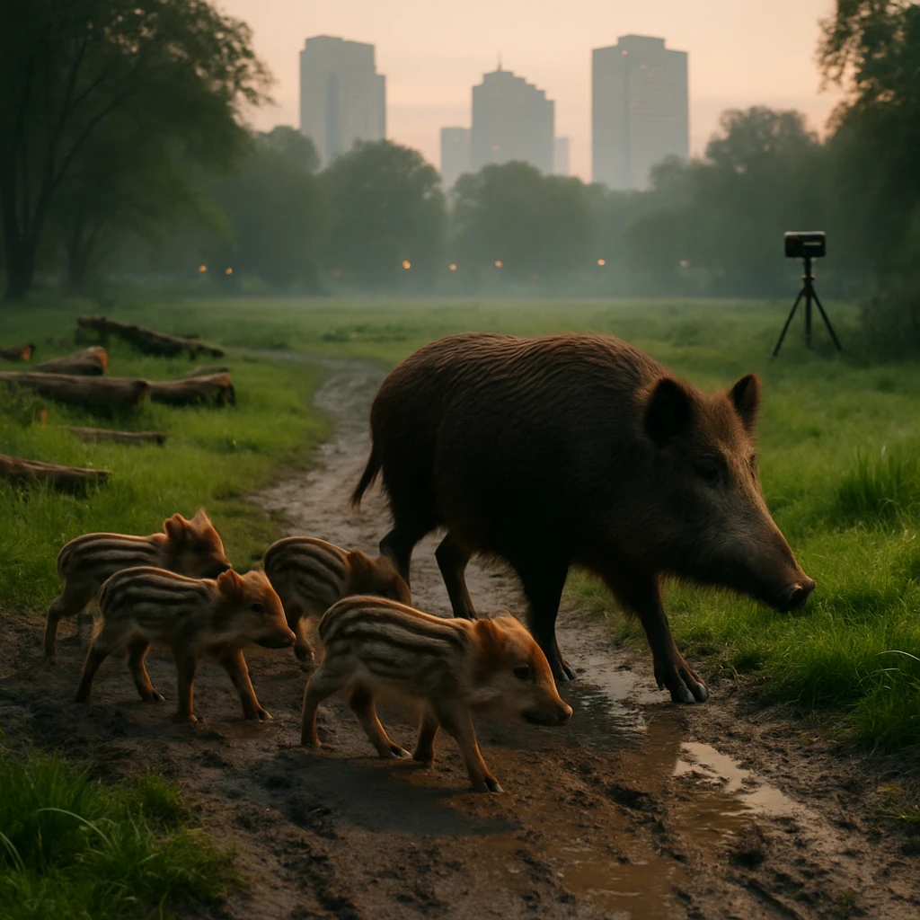 夜明けの都市公園でウリ坊たちと親イノシシがぬかるんだ草地を横断している様子。
