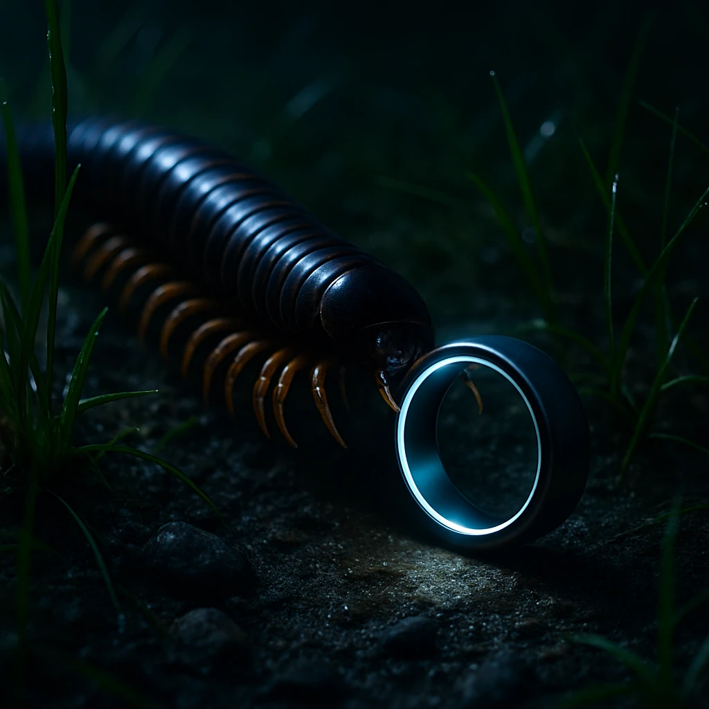 夜の草むらでムカデが発光するスマートリングを足で転がしている様子のリアルな写真。