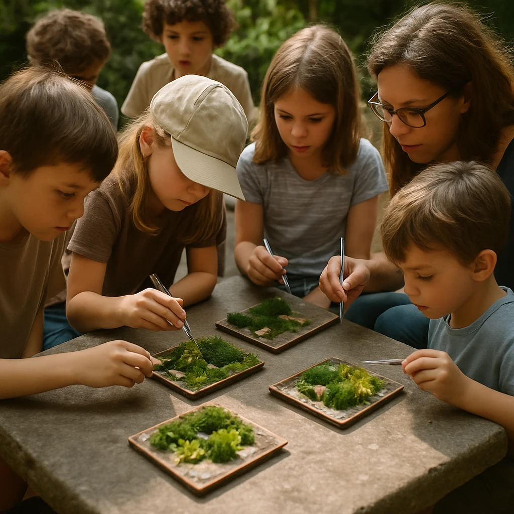 日陰の石板の上で子どもと大人が集まり、小さな苔の庭園プレートを作っている様子の実写写真。