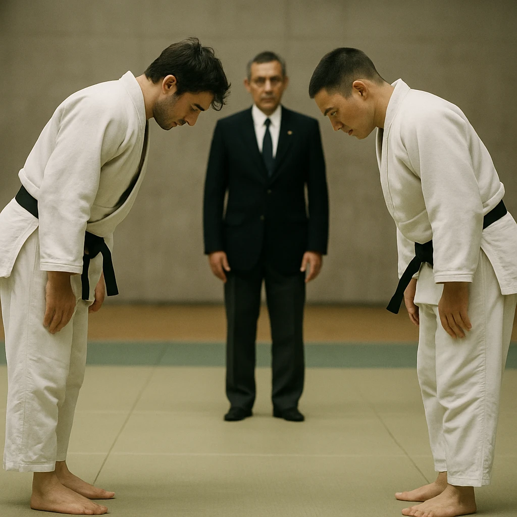 畳の上で黒帯を締めた2人の柔道選手が互いに深く礼をしている実写写真。
