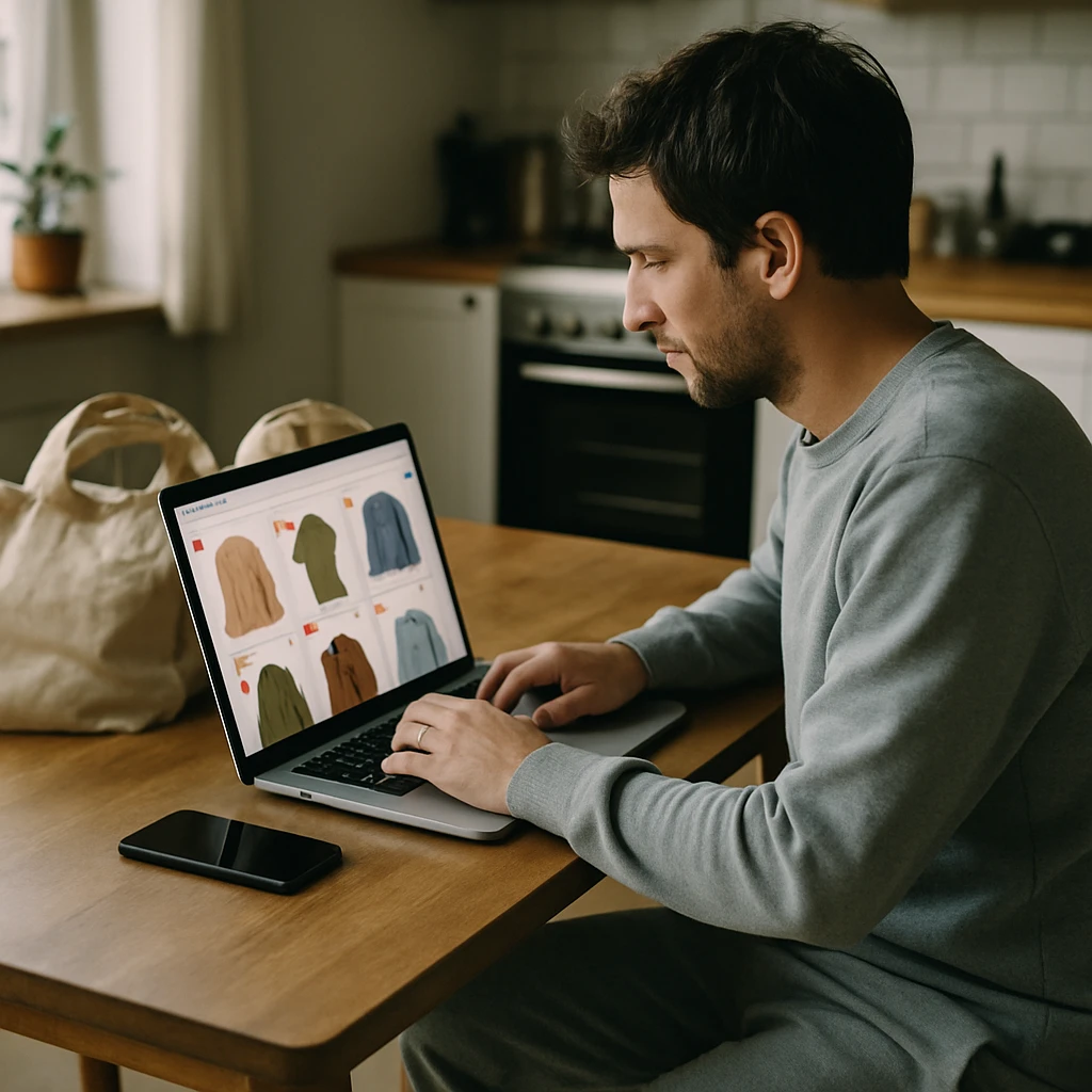 男性がワンマイルウェア姿で自宅のテーブルに座り、ノートパソコンで割引商品を探している様子。