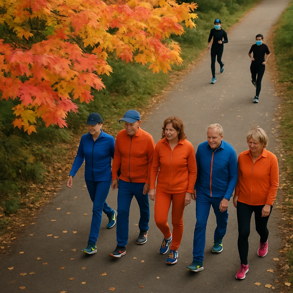紅葉し始めたカエデの枝越しに、色鮮やかなスポーツウェアを着た人々が公園の散歩道を歩いている様子の写真。
