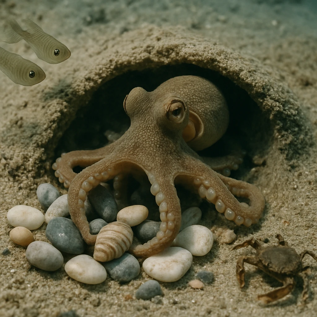 海底の砂地でイイダコが巣穴の中で小石や貝殻を腕で整理している様子を小魚やカニが見守っている写真。