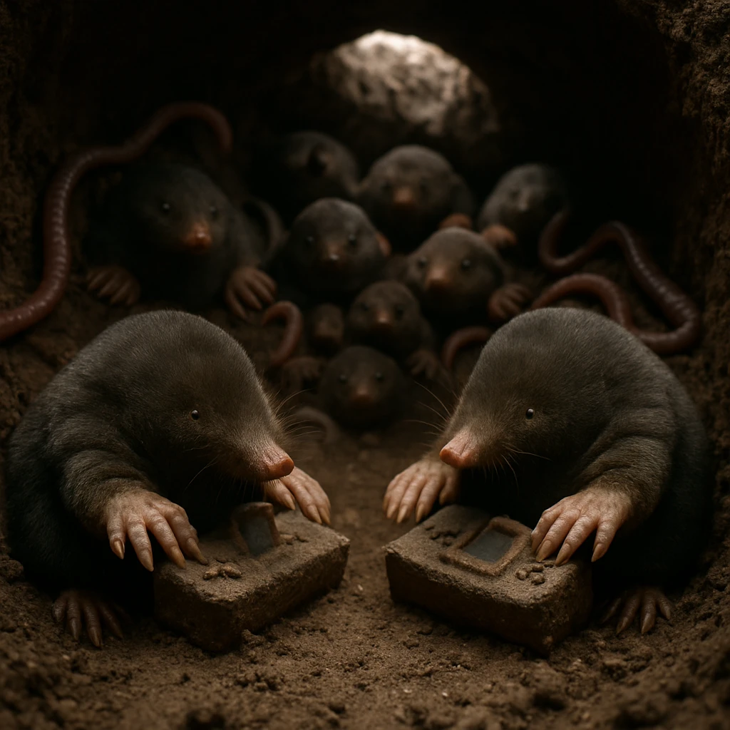 地中のトンネル内で複数のモグラやミミズが手作りのゲーミング装置を囲んで見守っている実写風の1シーン。