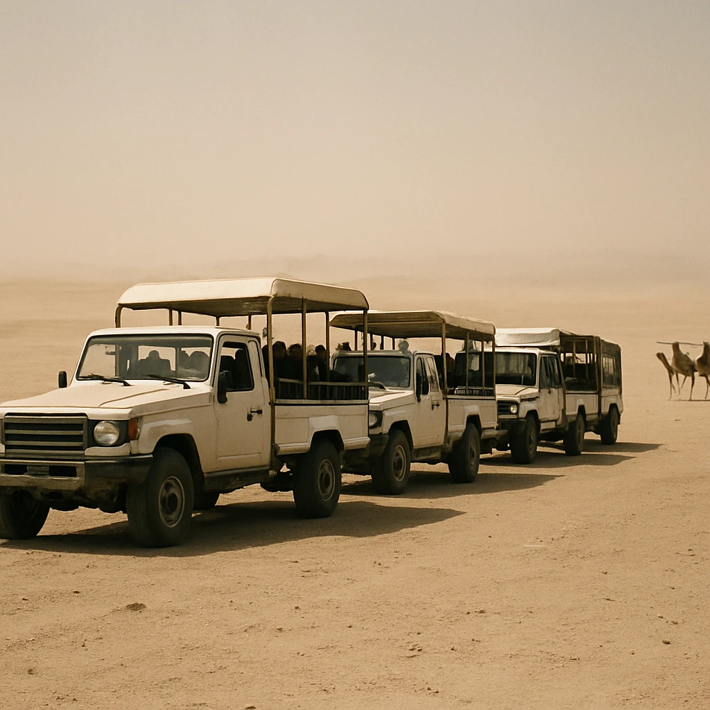 蜃気楼が揺らめく砂漠で、観光用大型トラックの車列が立ち往生し、遠くでラクダに乗った集団が様子を伺っている写真。