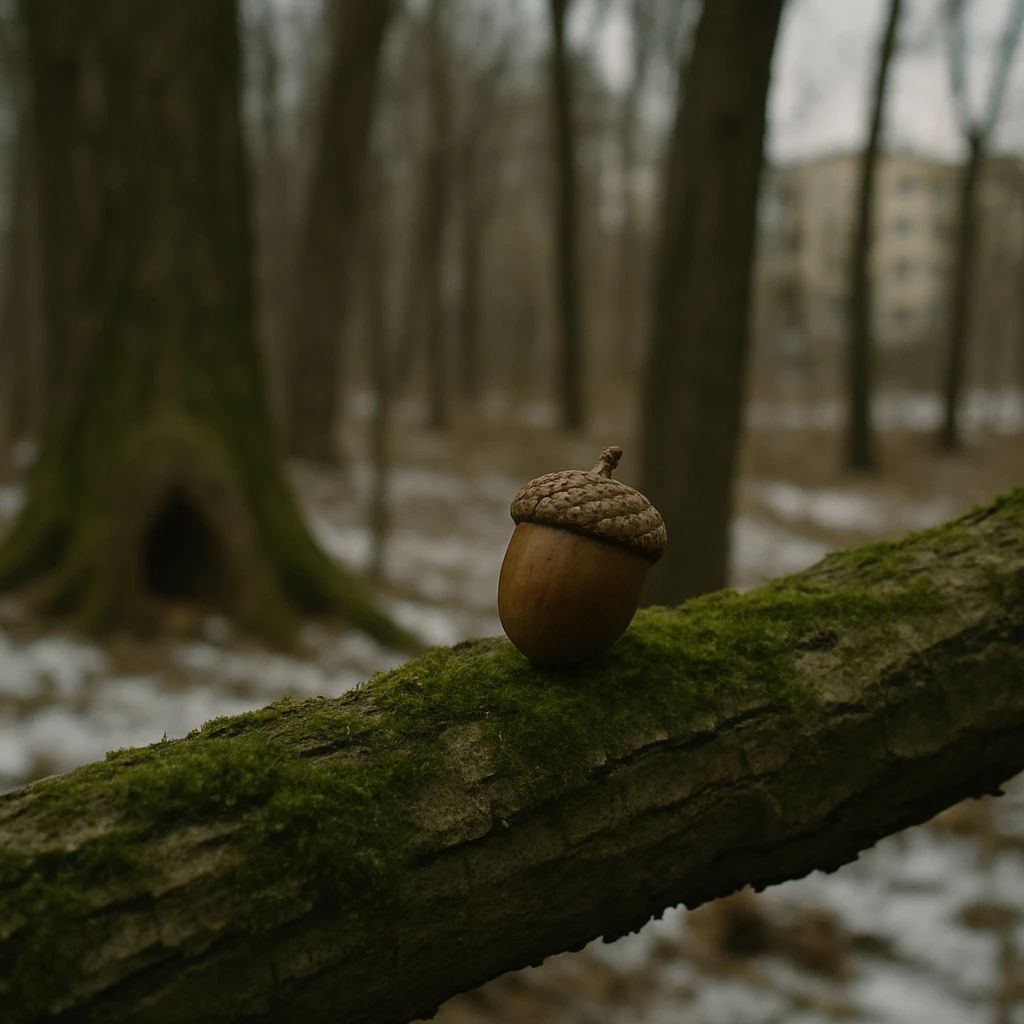 冬の森の苔むした枝の上に置かれたドングリと、その奥に動物の巣や人間のアパートが見える写真。