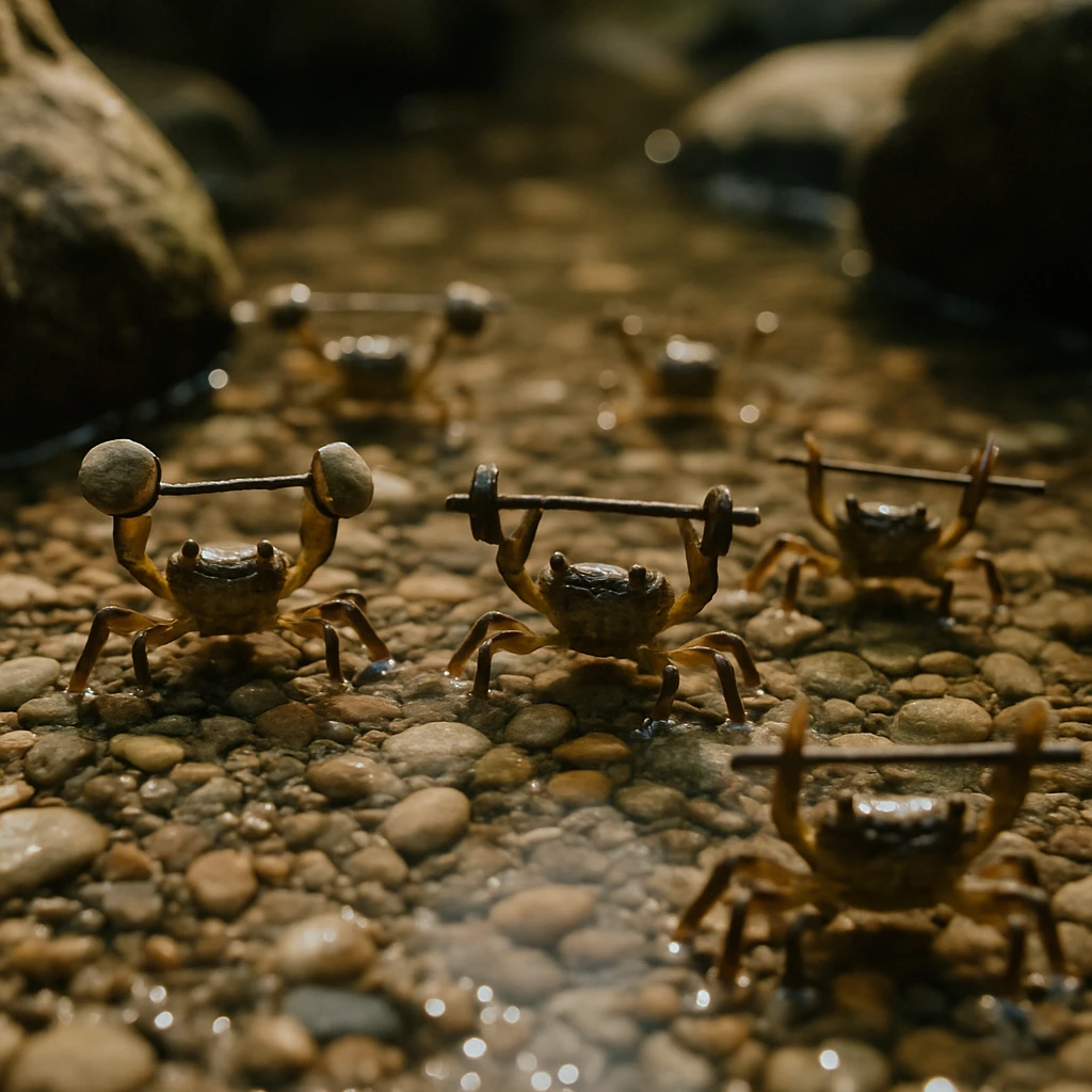 川底で小石や流木を持ち上げる複数のサワガニが自然光の中で写っている写真。