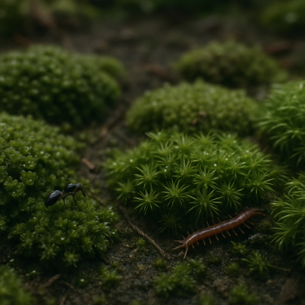 森の薄暗い地面に、朝露を含んだ複数種類の苔が鮮やかに広がり、小さな虫が通りかかっている様子の接写写真。