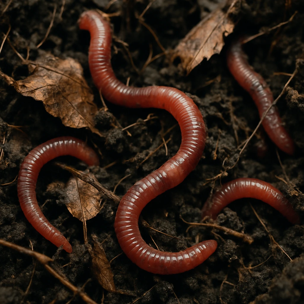 湿った土の中で赤いミミズたちが落ち葉や根と一緒に動いているクローズアップ写真。