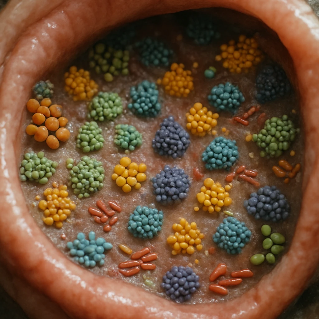 腸管の断面に多数の細菌コロニーやバイオフィルムが集まっている様子を顕微鏡で捉えた写真。