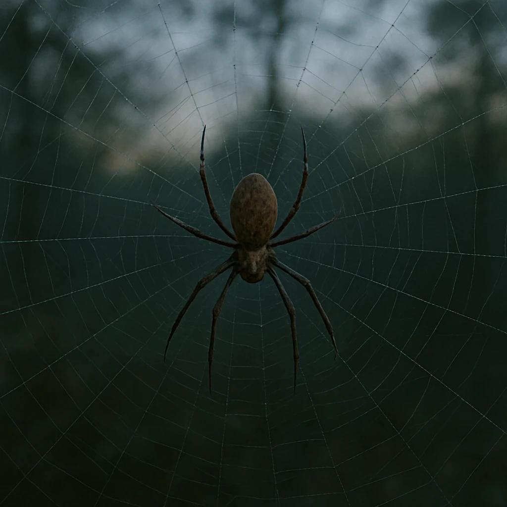 森の中で繊細な巣の中心にとまり、細い糸が広がる中にいる大きなクモの写真。