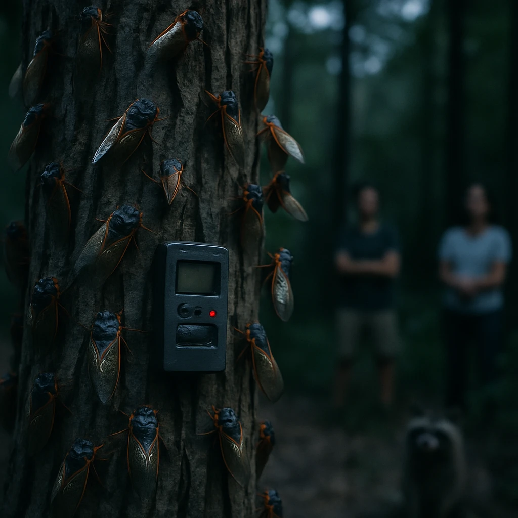 夕暮れの森で木の幹に多数のセミが群がり、近くに小さな録音機器が設置されている様子。