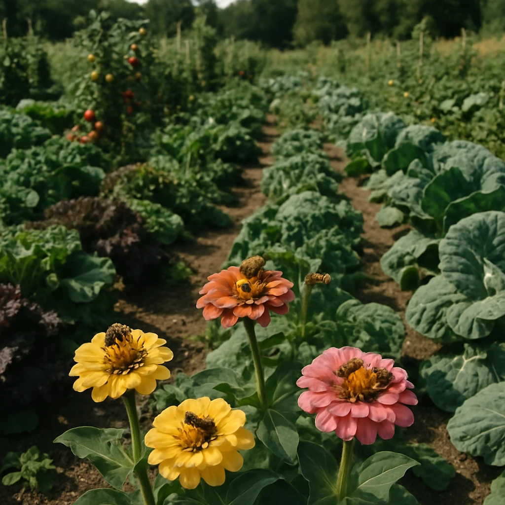 色とりどりの伝統野菜が茂る畑で、花に蜜蜂が集まっている様子の写真。