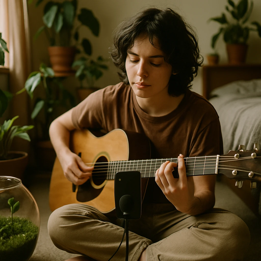 若者が部屋の床に座り、スマートフォンとマイクで歌を録音している様子と、ガラスの苔テラリウムが並ぶ光景。