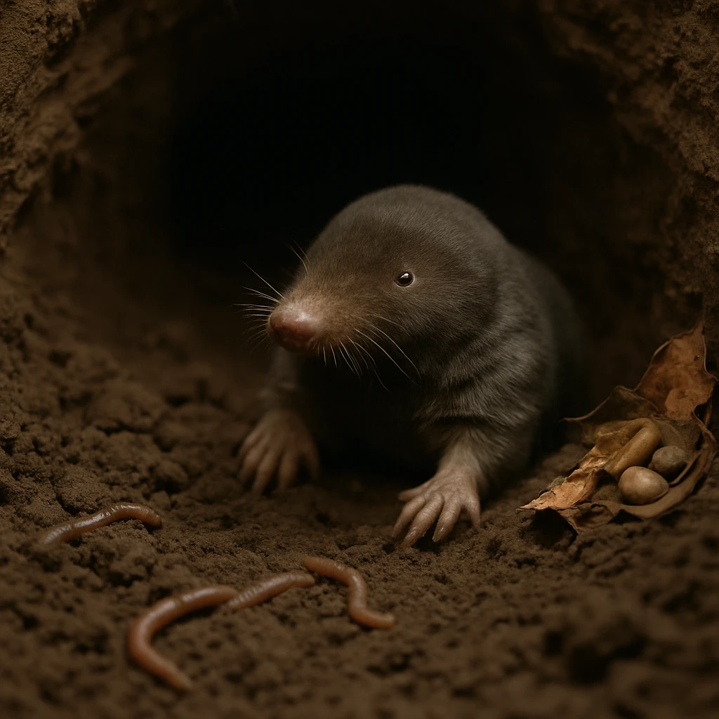 地中のトンネル内で鼻先に土をつけたモグラが断熱材として使われる落ち葉やミミズの繭を眺めている様子の写真。
