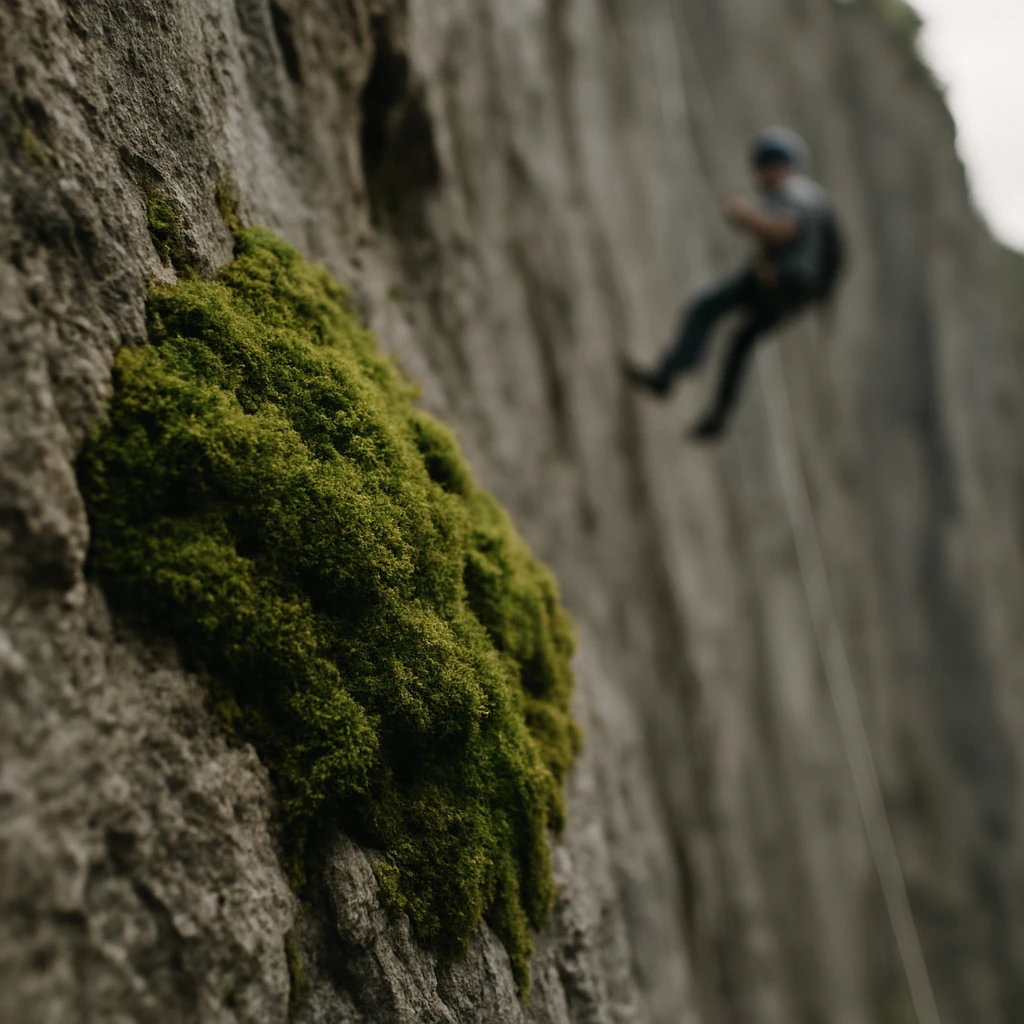 岩肌に生えたコケを手前に、遠く上方にはラぺリングをする人間の姿がぼんやり写っている写真。