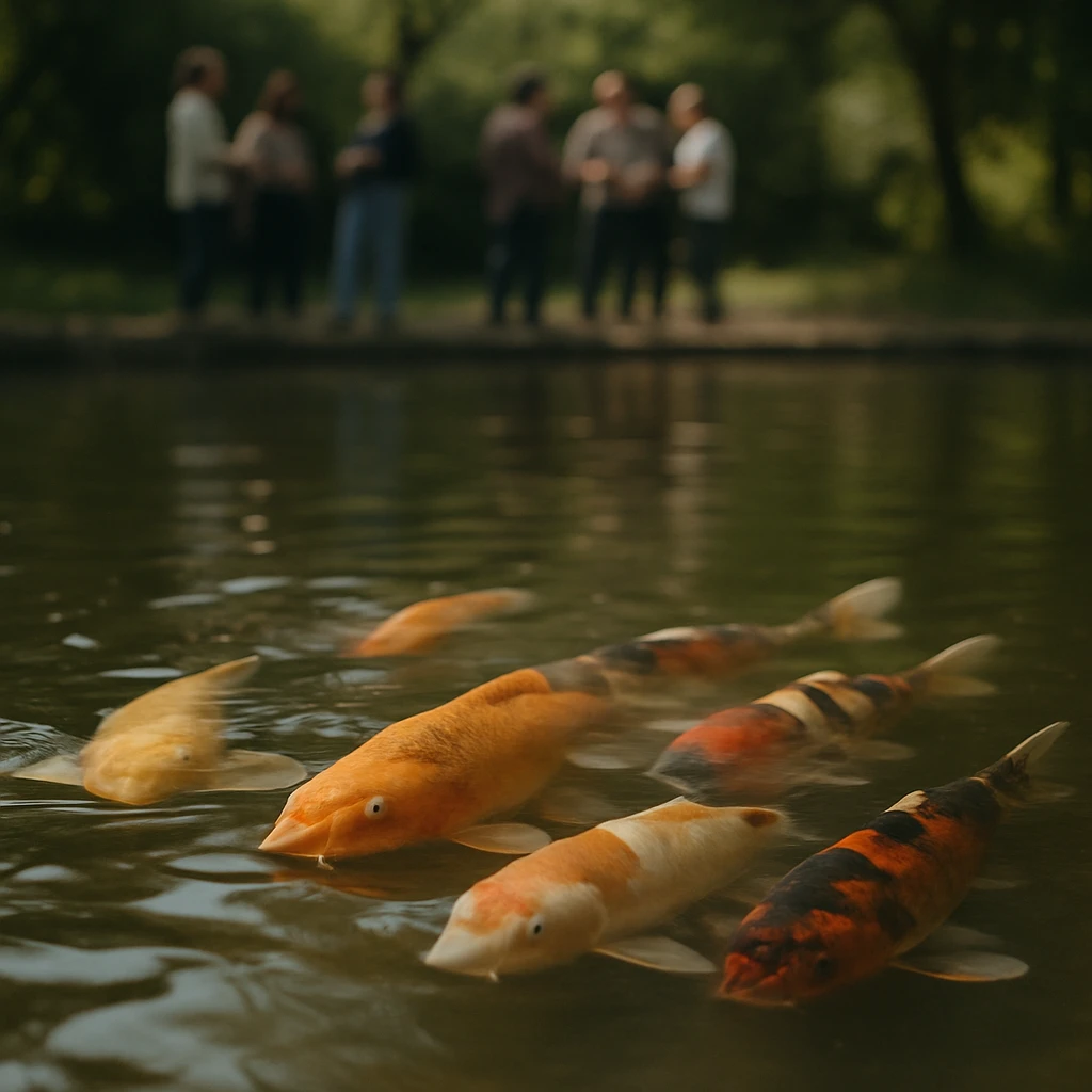 池の水面近くを泳ぐ大型のコイたちと、その奥にぼんやりと映る議論中の人々を写した写真です。