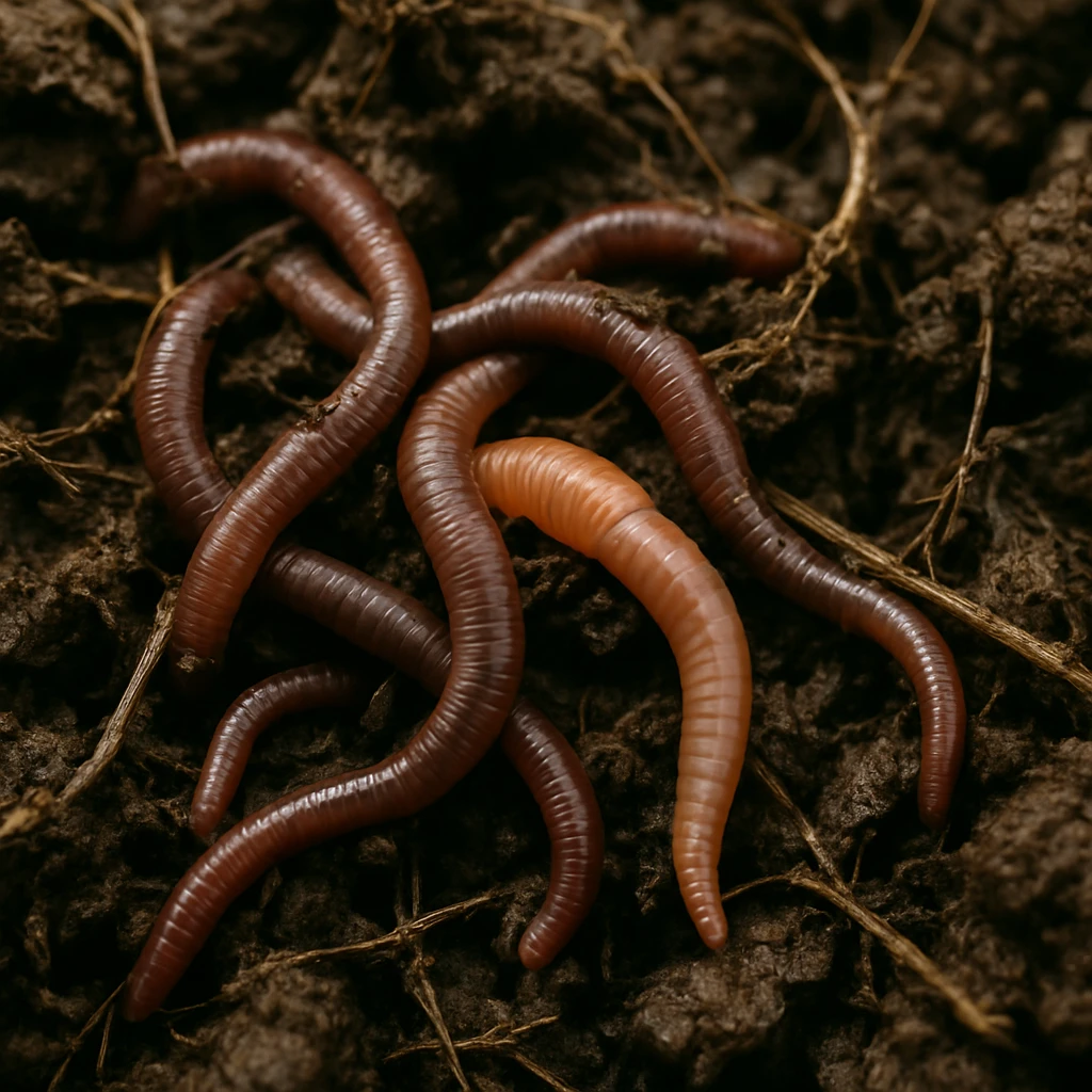 湿った堆肥の中で色や大きさの異なるミミズたちが共に動いている場面のクローズアップ写真。
