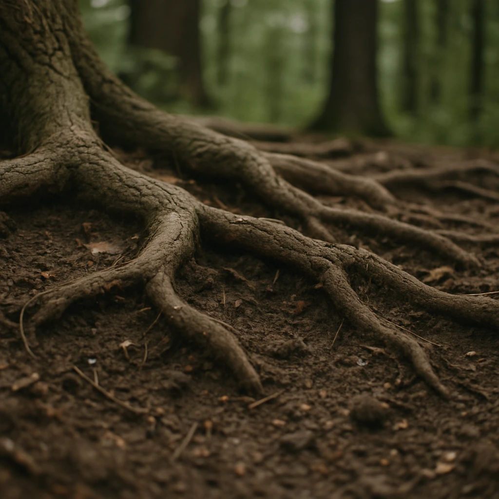 森林の土中でからみ合うコナラの根と微生物が見えるリアルな写真。