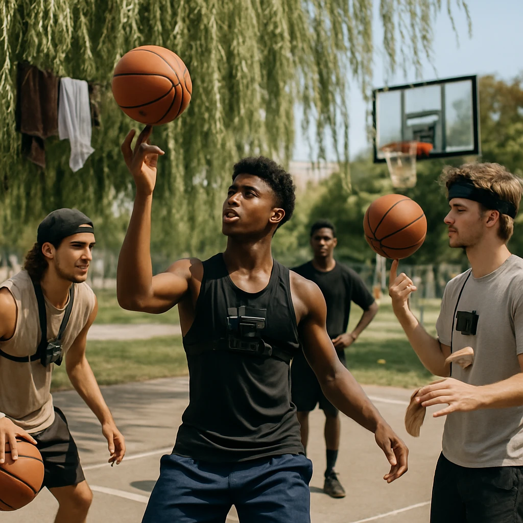 都市公園のしだれヤナギの下で若者たちがフリースタイルバスケットボールのトリックを披露している写真。