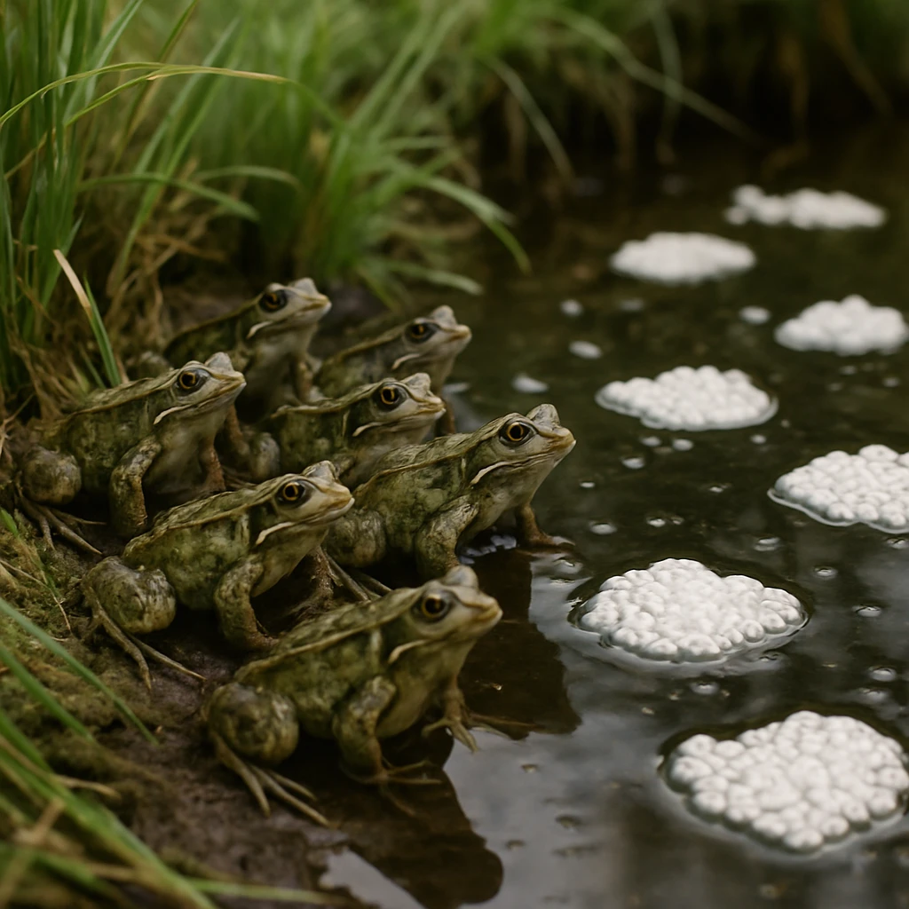 池の縁に集まった複数のカエルと、水面に浮かぶ白い泡が鮮明に写っている写真。