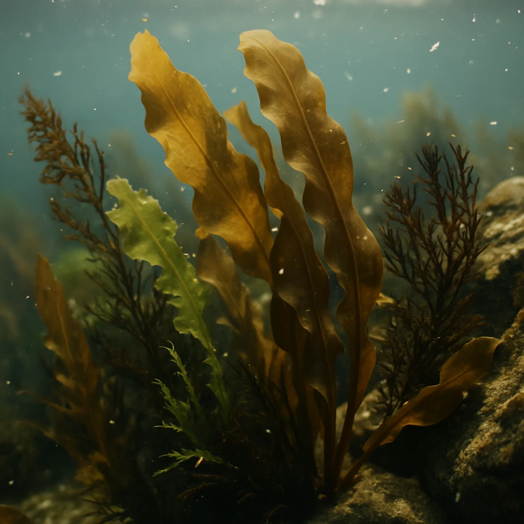 浅瀬の海中でさまざまな海藻が揺らめきながら小さな生き物と共生する様子のリアルな写真。