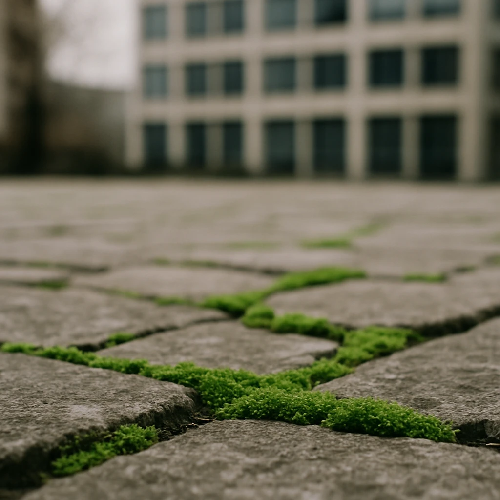 石畳の隙間に生える小さな緑色のコケと遠くにぼやけた現代的なビルが写る写真。