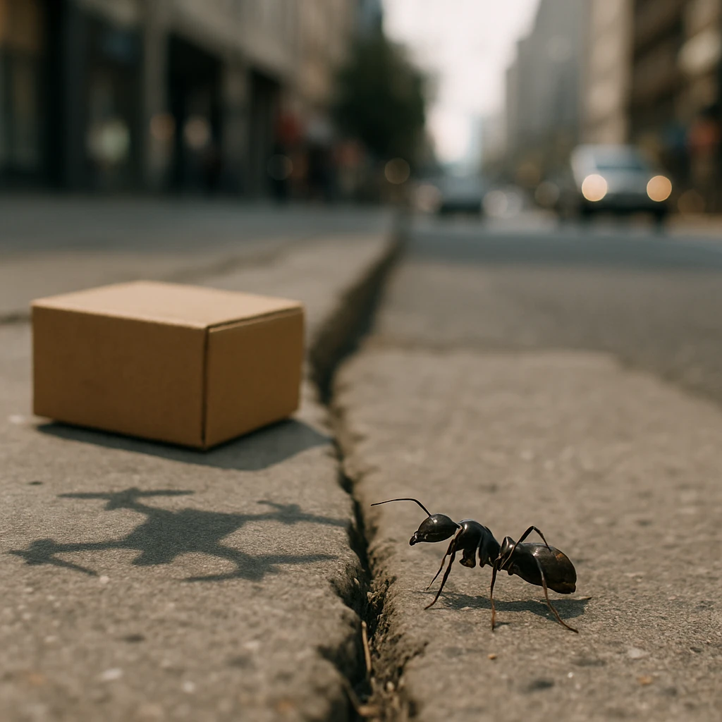 都市の歩道の隙間からアリが顔を出し、そばに荷物の箱とドローンの影が映る地表付近のリアルな写真。
