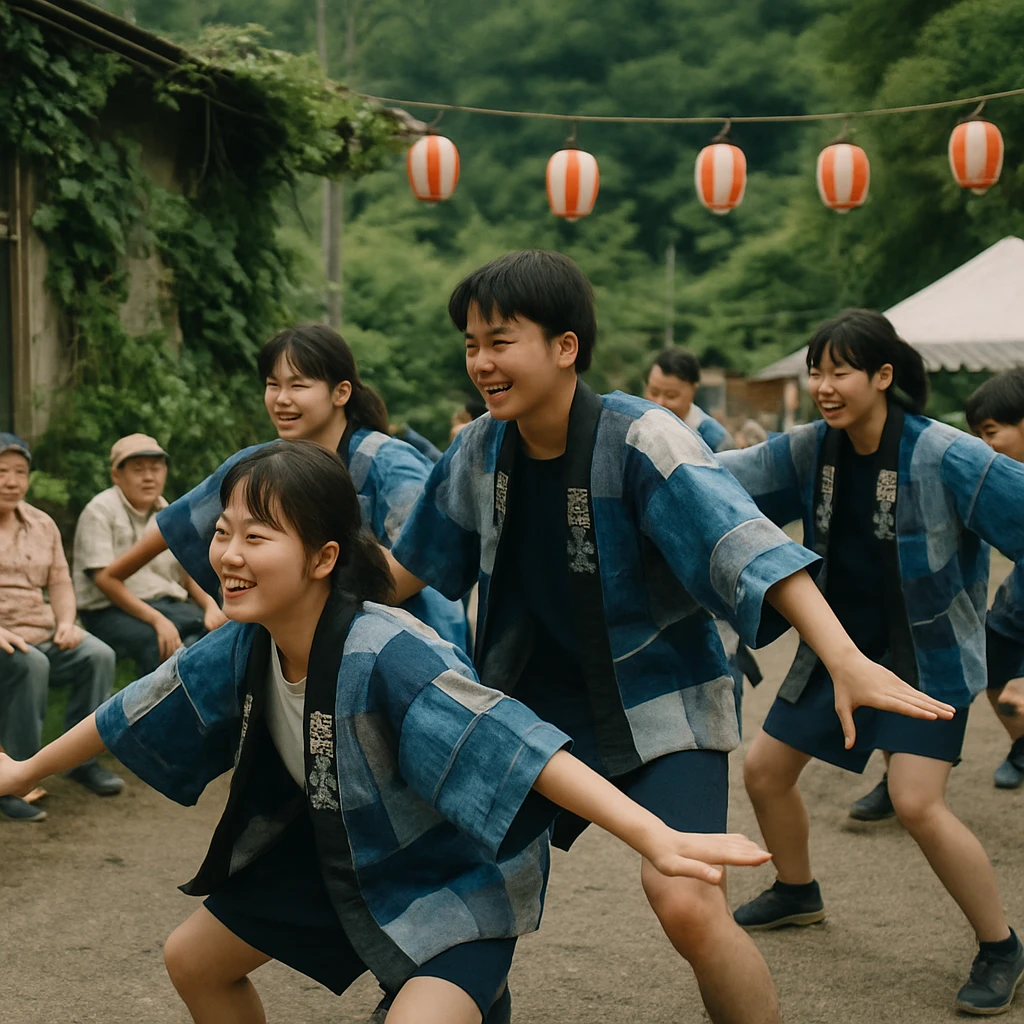 地域の夏祭り会場で新しいパッチワーク風の祭り衣装を着た高校生たちが踊りの準備をし、周囲に高齢者やヤブガラシなどの緑が見える活気ある様子。