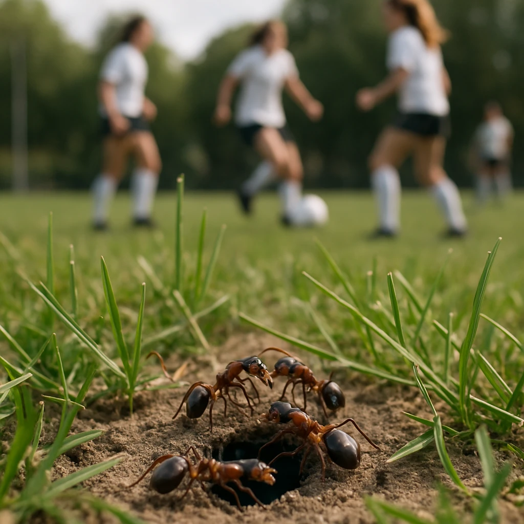 春の芝生の中にあるアリの巣穴のそばで働きアリが集まっている手前に、奥のぼやけた背景で女子サッカー選手たちが練習している様子。