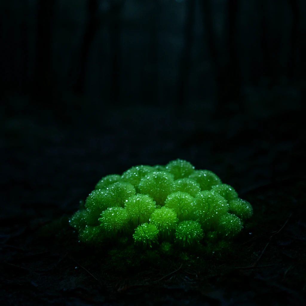 夜の森の中、緑色に発光するヒカリゴケがしっとりとした地面を照らしている写真。