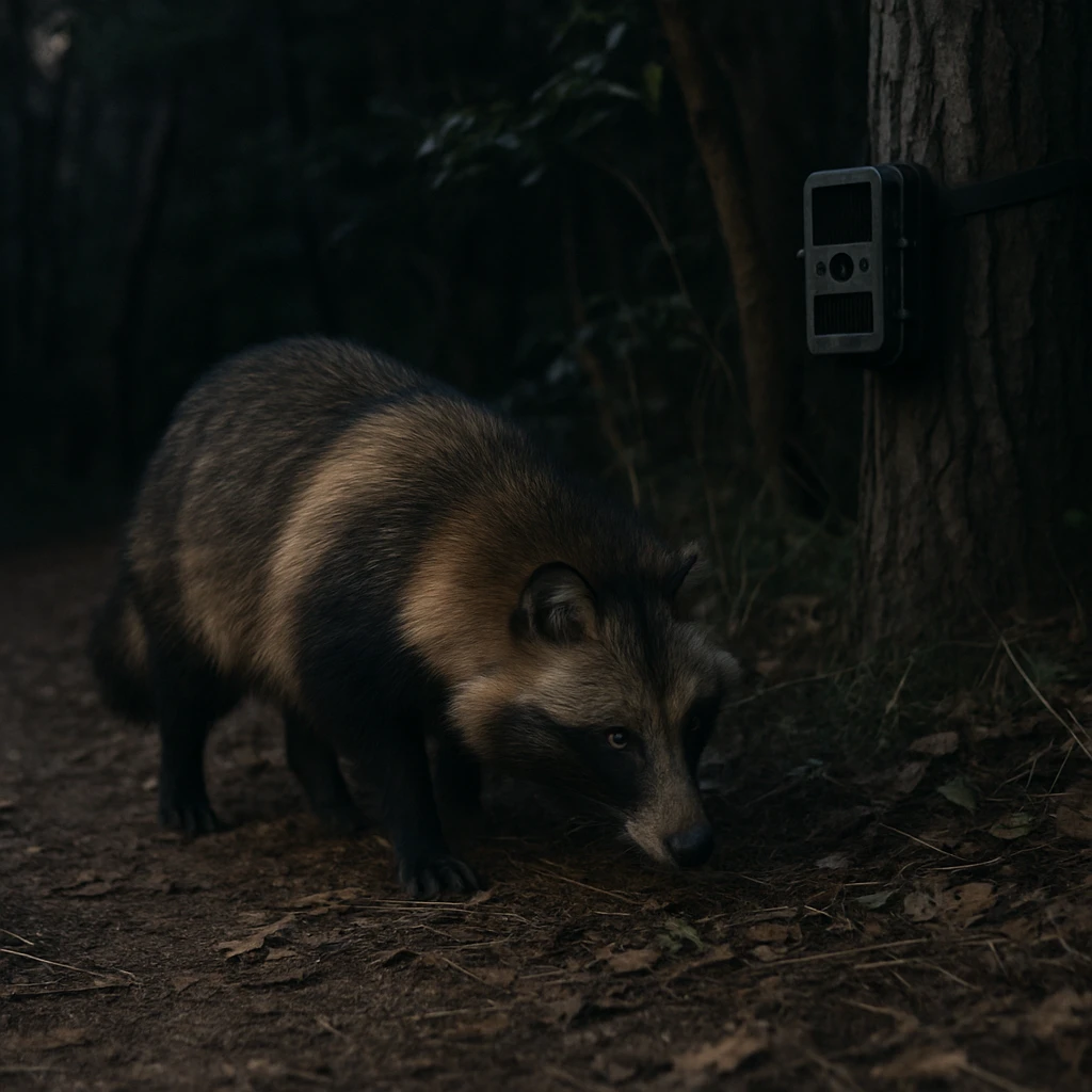 夕暮れの里山の林縁で警戒しながら歩くタヌキと、背後の樹に設置された自動撮影カメラの様子。