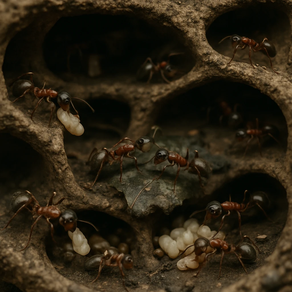 地下の複雑なトンネル内で協力して働く複数のアリたちのリアルな写真。