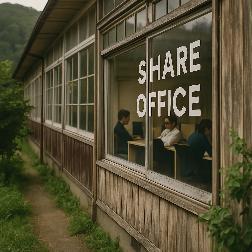 日本の田舎にある旧校舎の窓に「シェアオフィス」の看板がかかり、窓越しに個室で働く若者が見える写真。