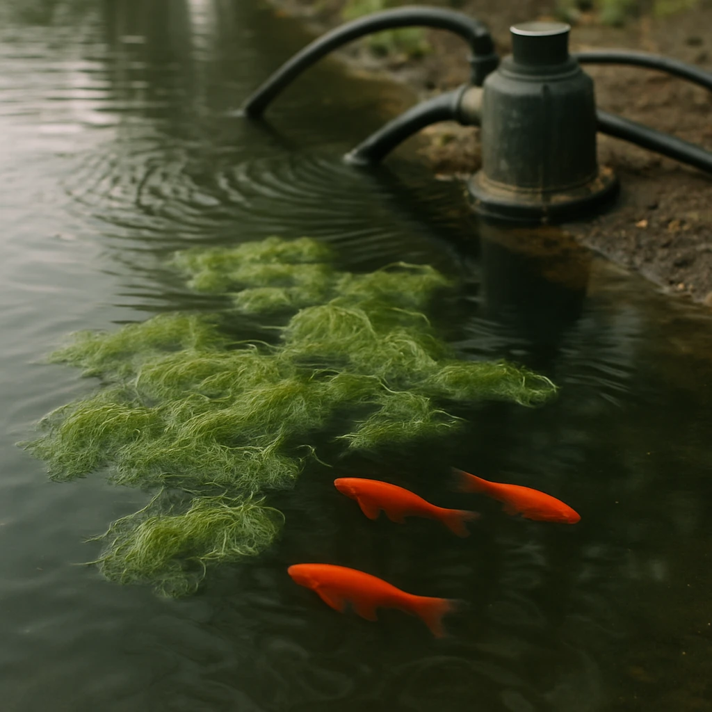 池の端でアオミドロが水面に漂い、金魚と古い池用ポンプが背景に見える様子のリアルな写真。