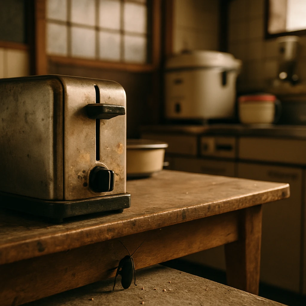 昭和レトロな台所で古いトースターの陰からクロゴキブリが覗いている様子。