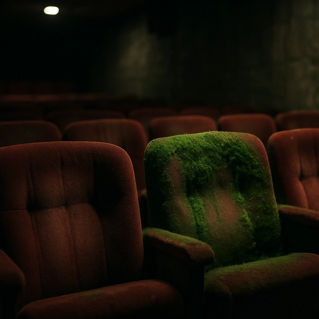 秋葉原の地下映画館の座席の隙間に緑色の苔が生えている様子の写真。