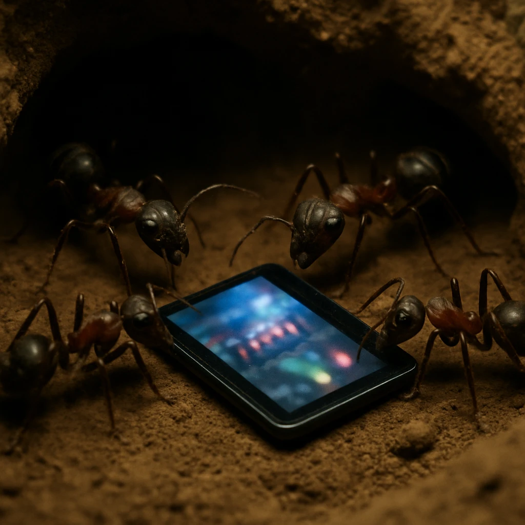 暗いアリの巣の中で働きアリたちが落ちているタブレット画面を囲んでいる場面。