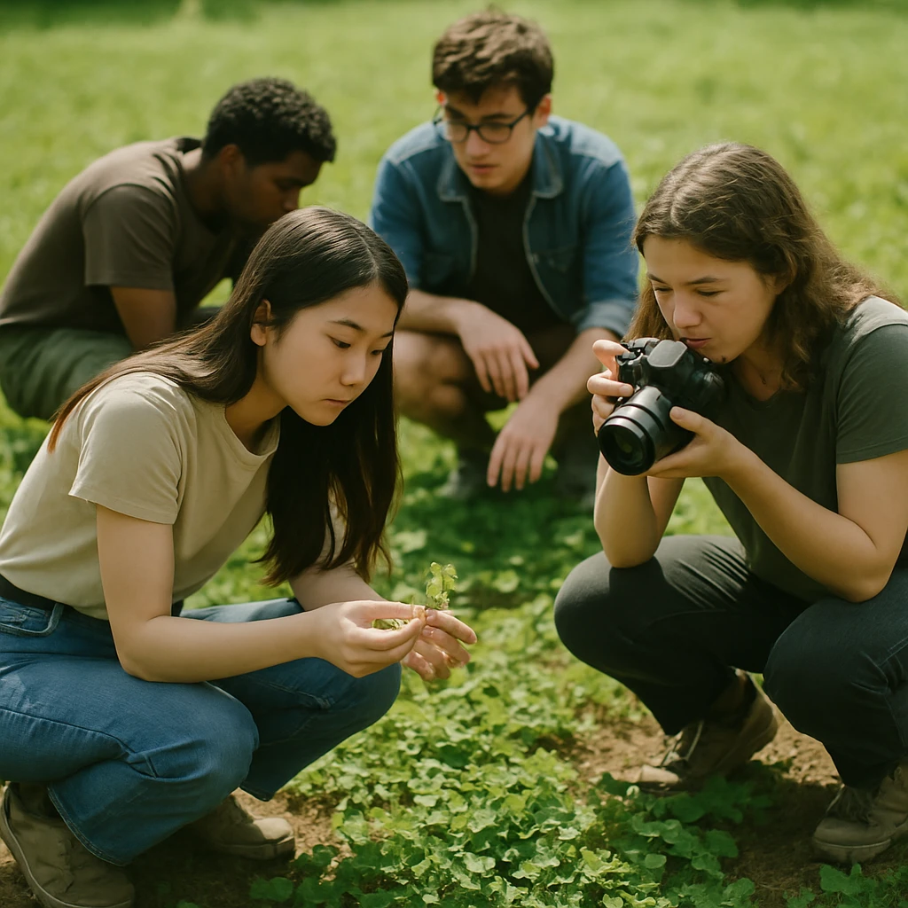 若者たちが緑豊かな畑で四つ葉のクローバーを探し育てている様子の実写風写真。